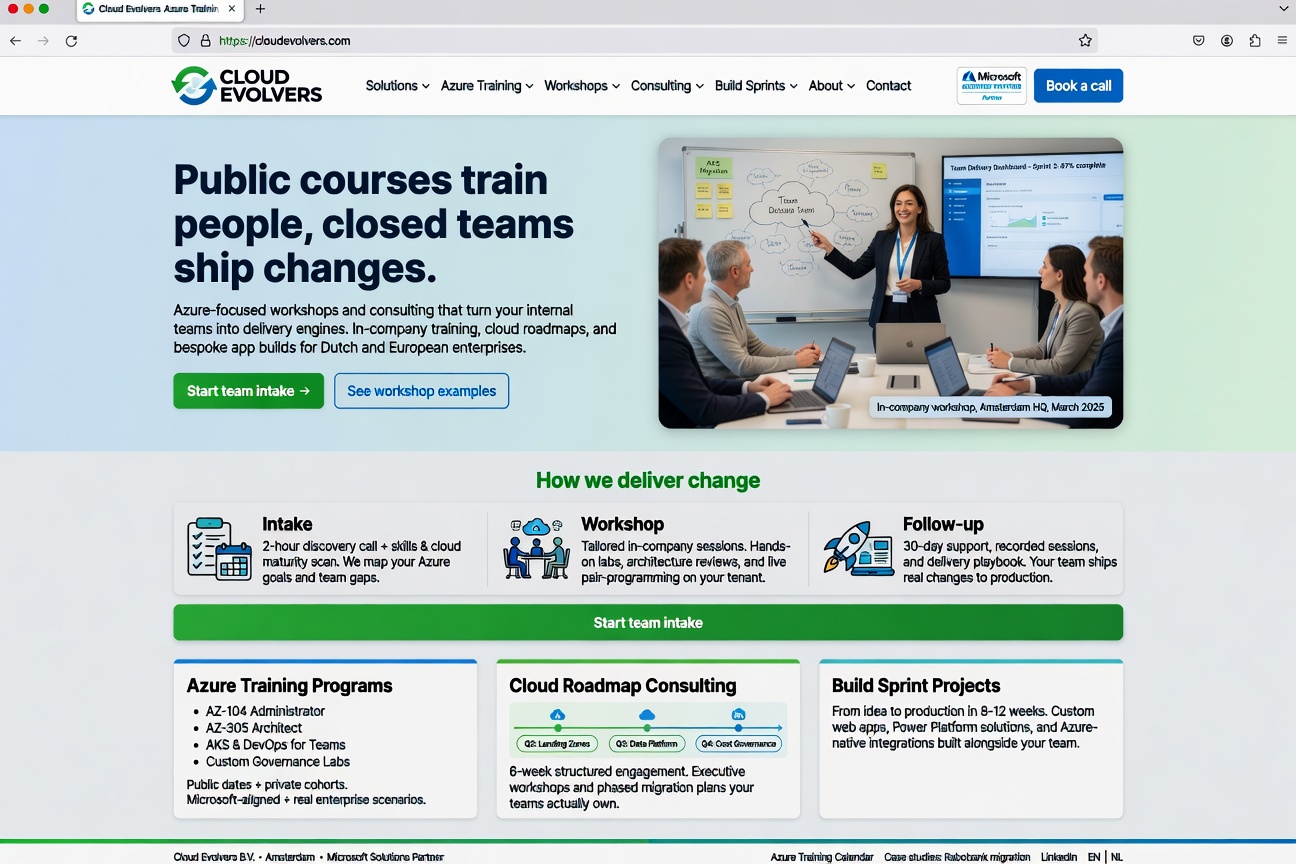 Grok generated Cloud Evolvers website mockup for Azure team delivery and consulting