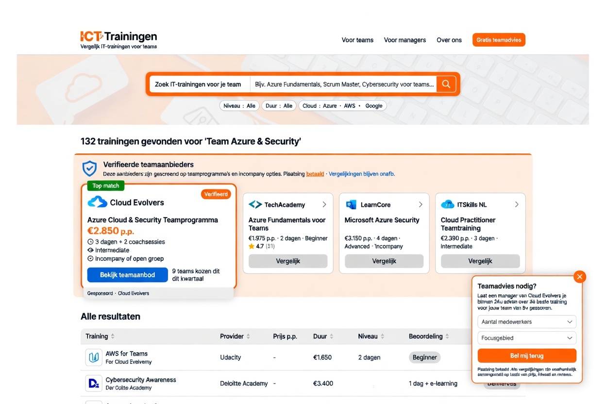 Grok generated ICT Trainingen website mockup with search, comparison results, and a Cloud Evolvers team advice lane